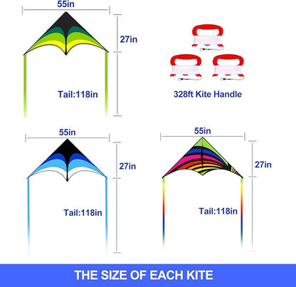 3 Pack Delta Kite Set for Adults and Kids, Single Line Beach Kites for Boys & Girls, Three Handle with String Included