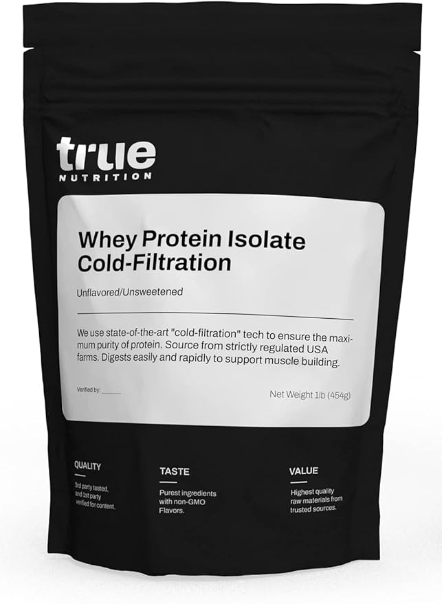True Nutrition - Unflavored Whey Protein Isolate Cold-Filtration -100% Whey Protein Powder - 27g Protein per Serving - Mixes Easily and Tastes Great - Third Party Tested -Unflavored/Unsweetened - 1lb