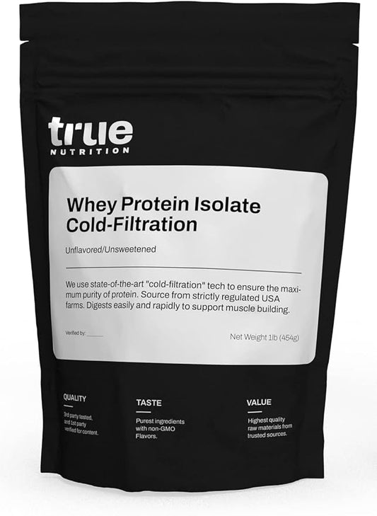 True Nutrition - Unflavored Whey Protein Isolate Cold-Filtration -100% Whey Protein Powder - 27g Protein per Serving - Mixes Easily and Tastes Great - Third Party Tested -Unflavored/Unsweetened - 1lb