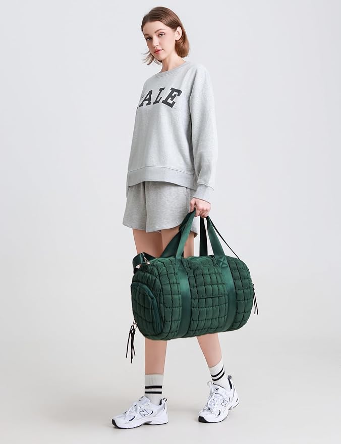 Quilted Duffel Gym Bag for Men and Women Carry On Travel Sport Weekender Bag, Dark Green