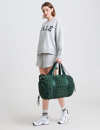 Quilted Duffel Gym Bag for Men and Women Carry On Travel Sport Weekender Bag, Dark Green