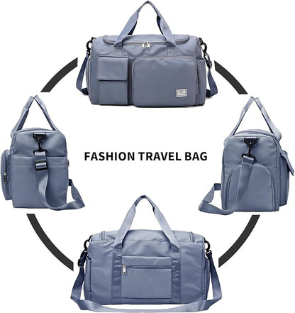 Travel Duffel Tote Bag with Dry Wet Separation Pocket, Weekender Bag for Women and Men，Waterproof Bag with Shoe Compartment Lightweight and Easy Carry on Blue