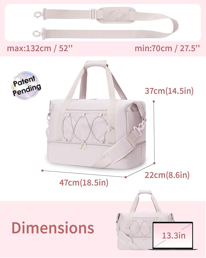 sportsnew Gym Travel Bag for Women, Large Travel Duffel with Shoe Compartment and Wet Pocket, Water Resistant Weekender Overnight Carry on Sports Tote Bags, Beige,Patent Pending