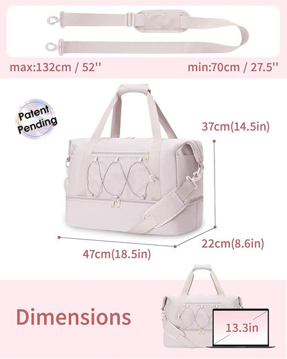 sportsnew Gym Travel Bag for Women, Large Travel Duffel with Shoe Compartment and Wet Pocket, Water Resistant Weekender Overnight Carry on Sports Tote Bags, Beige,Patent Pending