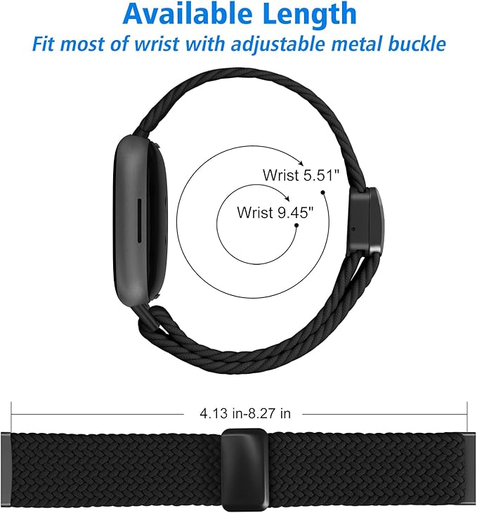 Fintie Magnetic Braided Stretchy Band Compatible with Fitbit Versa 4 3 / Sense 2 1, Soft Woven Nylon Sport Elastic Replacement Strap Wrist Bands, Black