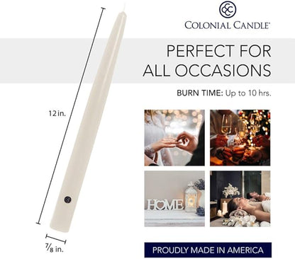 Colonial Candle Unscented Taper Candle, Handipt Collection, Ivory, 12 In, Pack of 12 - Up to 10 Hours Burn