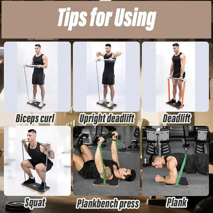 Wooden Resistance Band Foot Plate,Exercise Platform with Non-Slip Surface,4 Resistance Bands,for Home Gym,Full-Body Strength Training