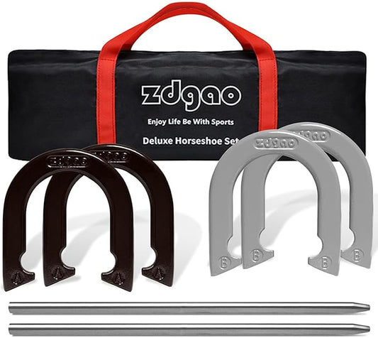 Horseshoes Outside Game Set-Portable Outdoor Horseshoe Set Includes 4 Professional Solid Steel