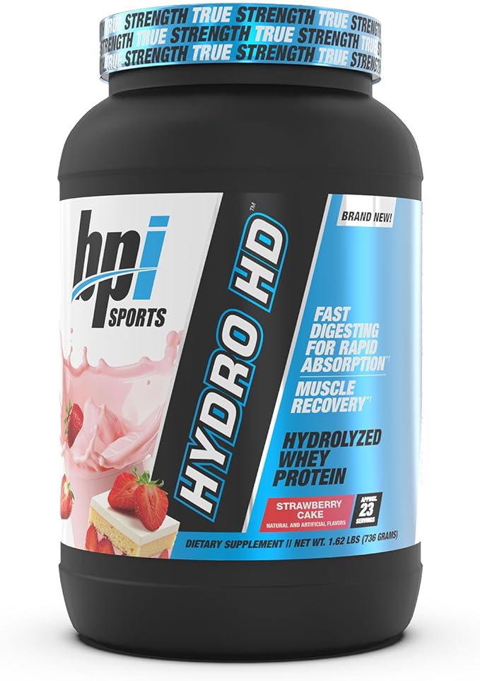 BPI Sports Hydro HD - 100% Hydrolyzed Whey Protein Powder - Muscle Growth, Recovery, 25g of Hydrolyzed Protein, Low Carb, Low Sugar, Fast Absorbing (23 Servings, Strawberry Cake)