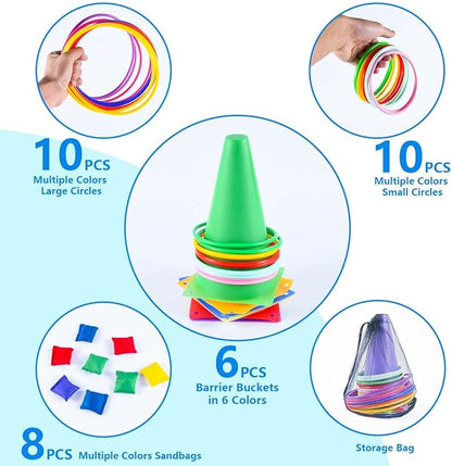 OBTANIM 26 Pcs Plastic Colorful Cones Ring Toss Combo Set Outdoor Carnival Games for Kids Adults Birthday Party Throwing Backyard Games