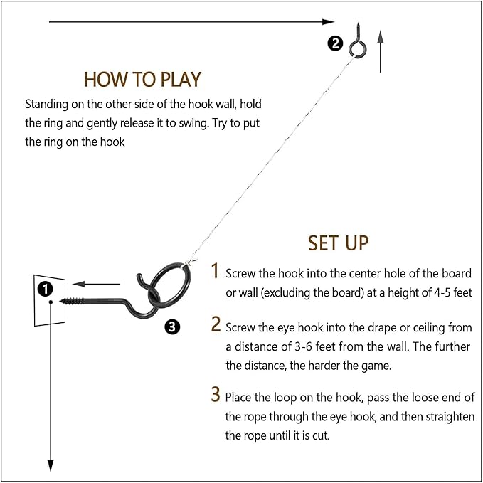 2 Set Hook and Ring Toss Game Hardware Set,Include Nylon String,Mounting Screws,Ring and Iron Hook for DIY Indoor or Outdoor Family Fun(2set)