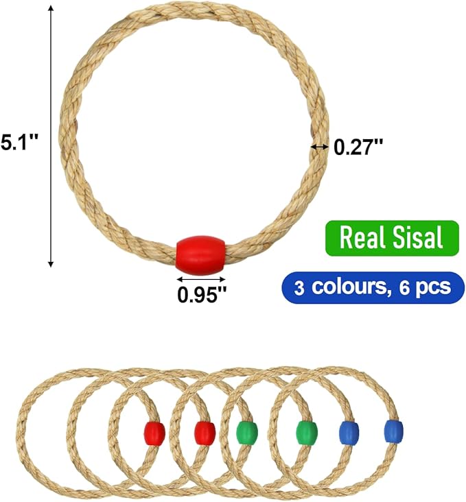 6 Pack Sisal Rope Ring Toss Game Replacement Parts for Adults and Kids, Outdoor Toss Rings for Agility Practice and Speed Game and Yard Games and Lawn Games for Party (3 Colors-Red Green Blue)