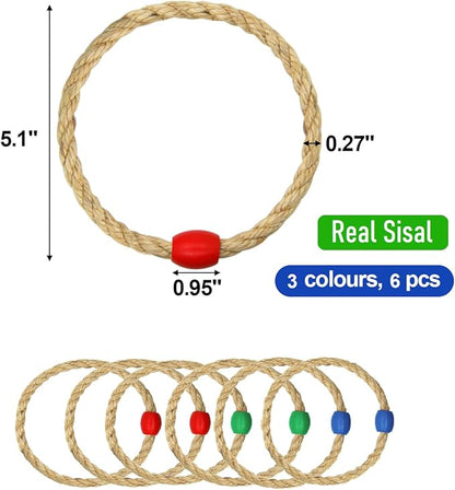 6 Pack Sisal Rope Ring Toss Game Replacement Parts for Adults and Kids, Outdoor Toss Rings for Agility Practice and Speed Game and Yard Games and Lawn Games for Party (3 Colors-Red Green Blue)