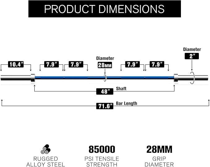RITFIT Olympic Barbell 4ft/4.8ft/6ft - 2 Inch Weight Bar for Strength Training, Weightlifting, Squat, Deadlift, Bench Press, Curl, Overhead Press - 350lbs/500lbs Capacity