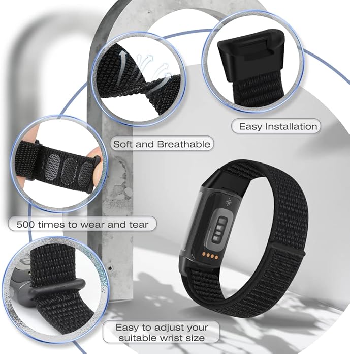 Sport Loop Nylon Watch Bands Compatible with Fitbit Charge 6/5, Adjustable Breathable Replacement Soft Nylon Loop Wristband for Women/Men