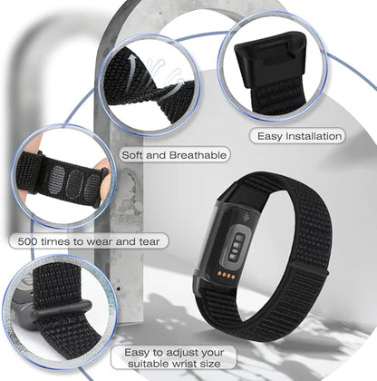 Sport Loop Nylon Watch Bands Compatible with Fitbit Charge 6/5, Adjustable Breathable Replacement Soft Nylon Loop Wristband for Women/Men