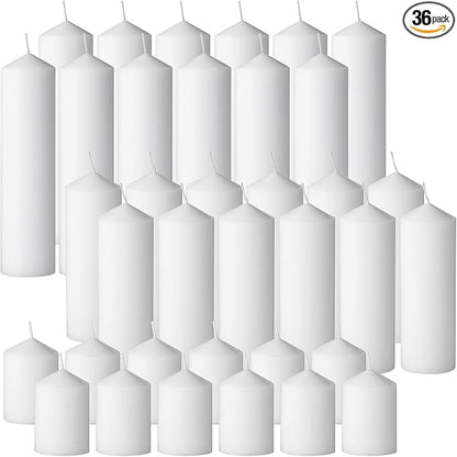 36PC Pillar Candles Bulk 2 in x 3, 6, 8 Inch Long Burning Wax Pillar Candles Unscented Smokeless Dripless for Wedding Centerpieces Spa Lantern Fireplace Home Festival Fall Party Decor (White)