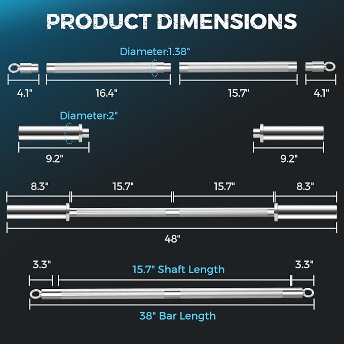 DASKING 4ft/4.9ft Barbell, 2-Inch Olympic Detachable Bar, Portable Strength Training Bar for Weightlifting, Squat, Bench Press, Home Gym, 450LBS, Includes Silent Collars