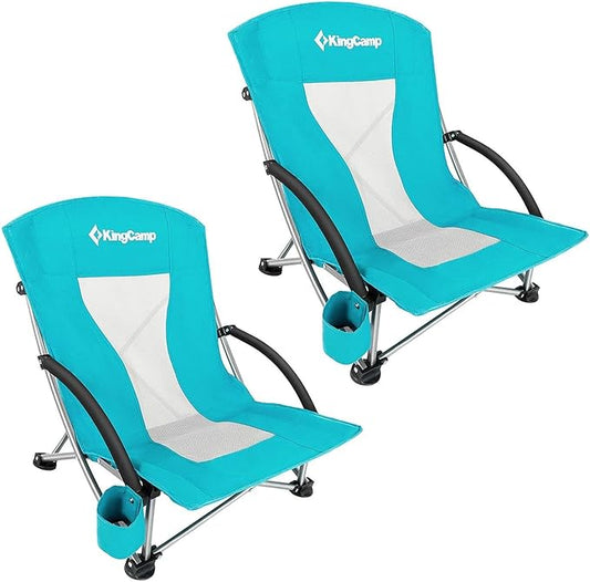 KingCamp Low Beach Chairs, Portable Folding Chair for Adults Extra Wide Ergonomic High Back Seat