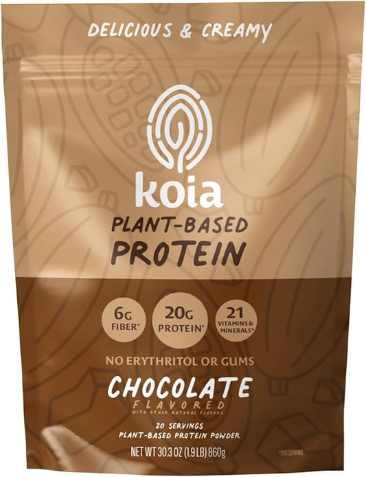 Koia Plant Based Protein Powder, Chocolate, 20g Protein, 3g Sugar, 6g Prebiotic Fiber, Pre & Post
