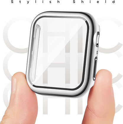 Compatible for Apple Watch Band 38mm and Case with Screen Protector, Soft Silicone Sport Strap Bands and Protective Cover with Tempered Glass for iWatch Series 9 8 7 SE 6 5 4