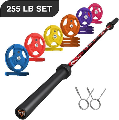 7FT Olympic Barbell Bar with Weight Plate Set Combo, Solid Olympic Bar with Bearings, 700Lbs Capacity Weight Bar for Home Gym Strength Training, Weightlifting, Powerlifting, Fit for 2" Olympic Plates