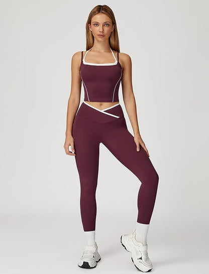 ABOCIW Workout Sets for Women 2 Piece Color Block Strappy Sports Bra High Waist Leggings Gym Yoga Pilates Outfits