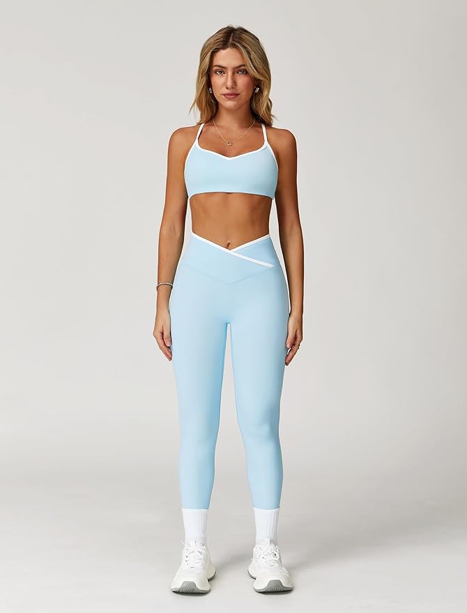 ABOCIW Workout Sets for Women 2 Piece Color Block Strappy Sports Bra High Waist Leggings Gym Yoga Pilates Outfits