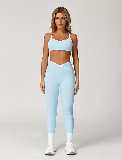 ABOCIW Workout Sets for Women 2 Piece Color Block Strappy Sports Bra High Waist Leggings Gym Yoga Pilates Outfits