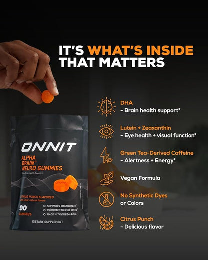 ONNIT Alpha Brain Neuro Focus Gummies - Vegan Gummies with Omega-3s, Lutein, Zeaxanthin & Caffeine - Brain, Eye & Focus Supplement for Men & Women?? Citrus Punch Flavor, 90 Count