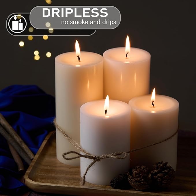 2.8x6 Pillar Candles Set of 6, Unscented Ivory Pillar Candles Bulk, Dripless and Long Clean Burning Pillars Candles, Smokeless Dinner Table Pillar Candles for Wedding, Spa, Aromatherapy, Party