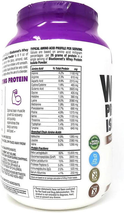 Bluebonnet Grass Fed Whey Protein Isolate 26 g Energy & Workout Recovery BCAA Amino Acids - Gluten-Free, Non-GMO, Soy-Free Chocolate Protein Powder for Women & Men - 28 Servings