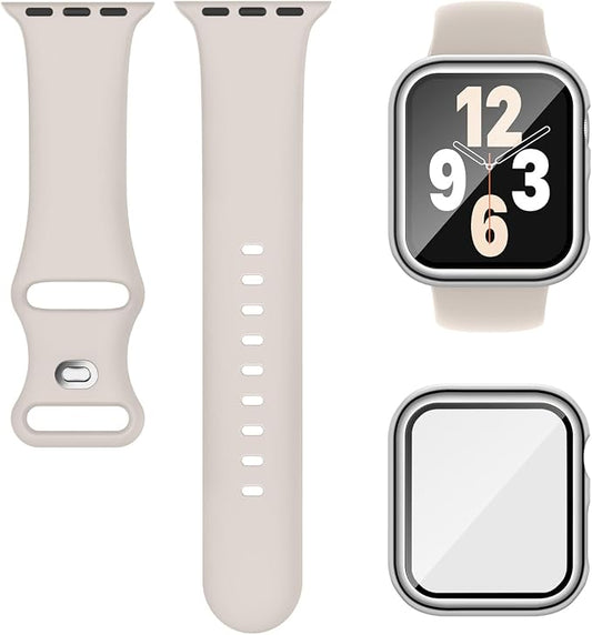 Compatible for Apple Watch Band 44mm 45mm and Case with Screen Protector, Soft Silicone Sport Strap Bands and Protective Cover with Tempered Glass for iWatch Series 9 8 7 SE 6 5 4