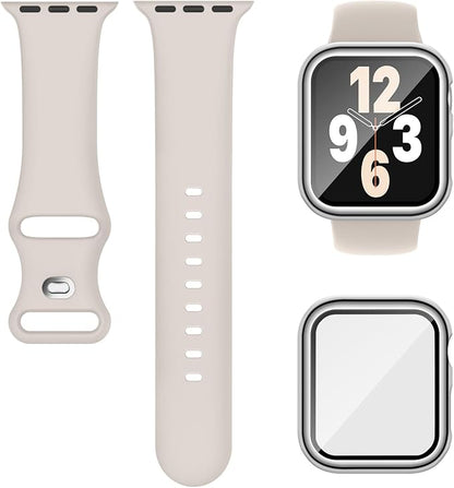 Compatible for Apple Watch Band 44mm 45mm and Case with Screen Protector, Soft Silicone Sport Strap Bands and Protective Cover with Tempered Glass for iWatch Series 9 8 7 SE 6 5 4