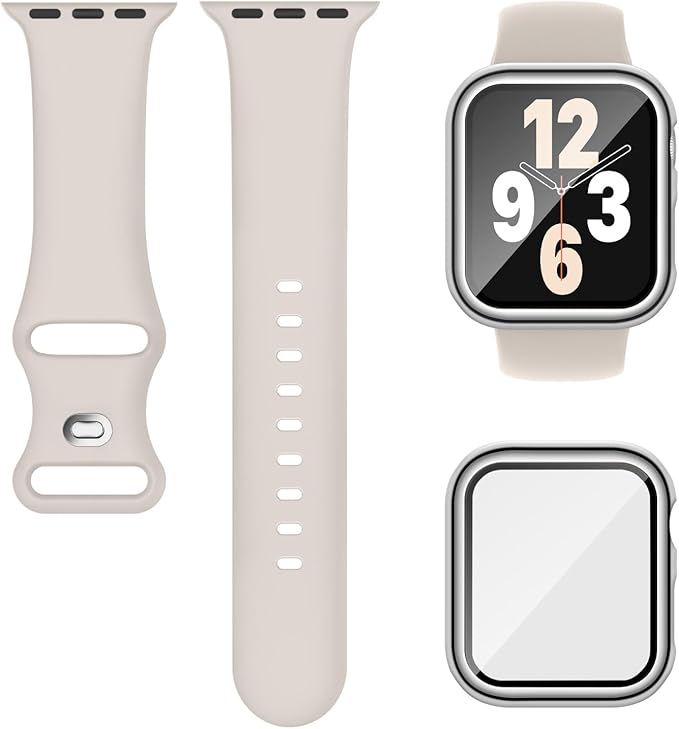 Compatible for Apple Watch Band 40mm 41mm and Case with Screen Protector, Soft Silicone Sport Strap Bands and Protective Cover with Tempered Glass for iWatch Series 9 8 7 SE 6 5 4