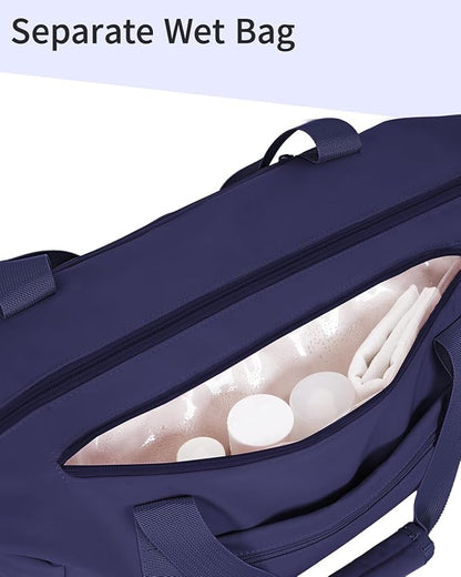 sportsnew Gym Travel Bag for Women, Large Travel Duffel with Shoe Compartment and Wet Pocket, Water Resistant Weekender Overnight Carry on Sports Tote Bags, Navy Blue, patent pending