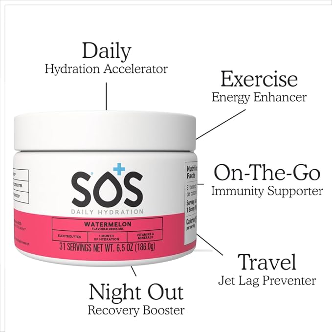 SOS Hydration Electrolyte Drink Mix (31 Servings) ??Low Sugar, 15 Calorie, Keto-Friendly & Rapid Rehydration (31 Servings, Watermelon)