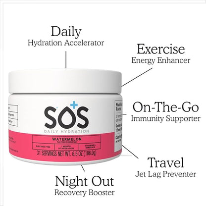 SOS Hydration Electrolyte Drink Mix (31 Servings) ??Low Sugar, 15 Calorie, Keto-Friendly & Rapid Rehydration (31 Servings, Watermelon)