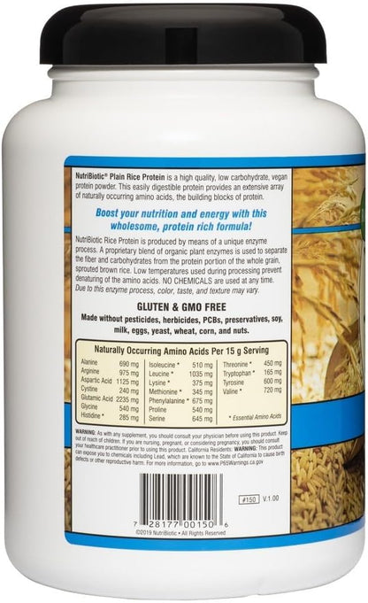 NutriBiotic ??Plain Rice Protein, 1 Lb 5 oz (600g) - Low Carb, Keto-Friendly, Vegan, Raw Protein Powder - Grown & Processed Without Chemicals, GMOs or Gluten - Easy to Digest & Nutrient-Rich