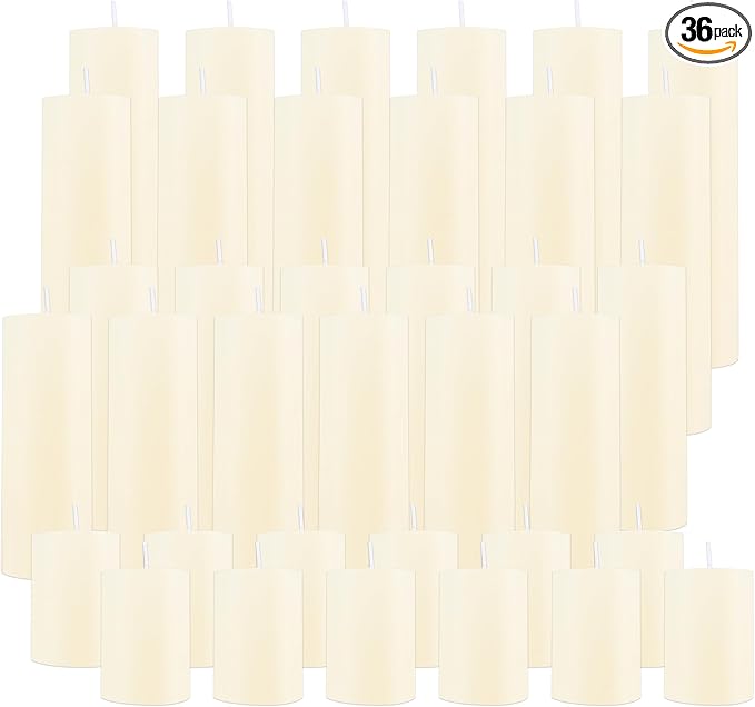 36 Pcs Pillar Candles, Unscented Ivory White Pillar Candles, Smokeless Long Burning Wax Candles for Wedding Centerpieces, Valentines Day, Fireplace, Special Occasion, 2 in by 3, 5.9, 7.8IN