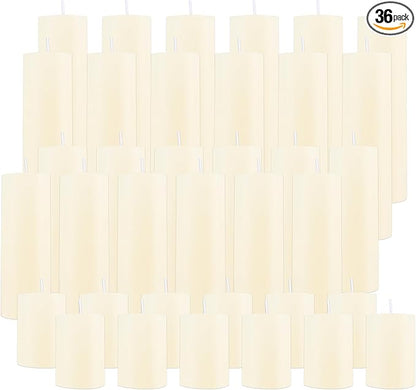 36 Pcs Pillar Candles, Unscented Ivory White Pillar Candles, Smokeless Long Burning Wax Candles for Wedding Centerpieces, Valentines Day, Fireplace, Special Occasion, 2 in by 3, 5.9, 7.8IN