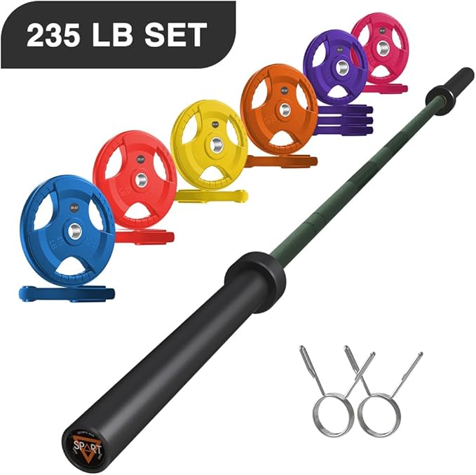 7FT Olympic Barbell Bar with Weight Plate Set Combo, Solid Olympic Bar with Bearings, 700Lbs Capacity Weight Bar for Home Gym Strength Training, Weightlifting, Powerlifting, Fit for 2" Olympic Plates