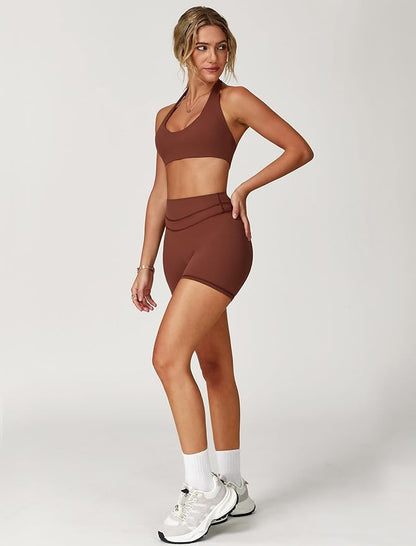 Two piece yoga short set for women with Halter top and gym short Matching workout sets for yoga,Pilates,run