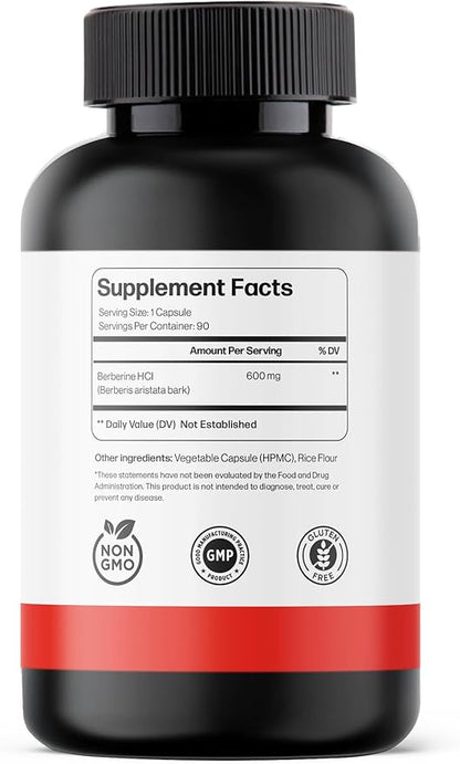 Ultra Berberine Supplement Capsules 600mg (1200mg to 1800mg Daily) – Pure Berberine HCL Supplement to Support Metabolism & Daily Vitality – Vegan, Gluten-Free Diet Supplements (90 Capsules)