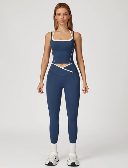 ABOCIW Workout Sets for Women 2 Piece Color Block Strappy Sports Bra High Waist Leggings Gym Yoga Pilates Outfits