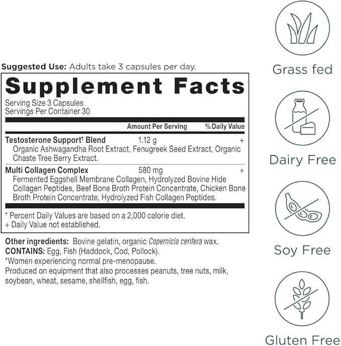 Ancient Nutrition Testosterone Support + Collagen Supplement, Hydrolyzed Collagen Peptides, Key Clinically Studied Superfoods Support Female Hormone Balance & Healthy Testosterone Levels, 90 Capsules