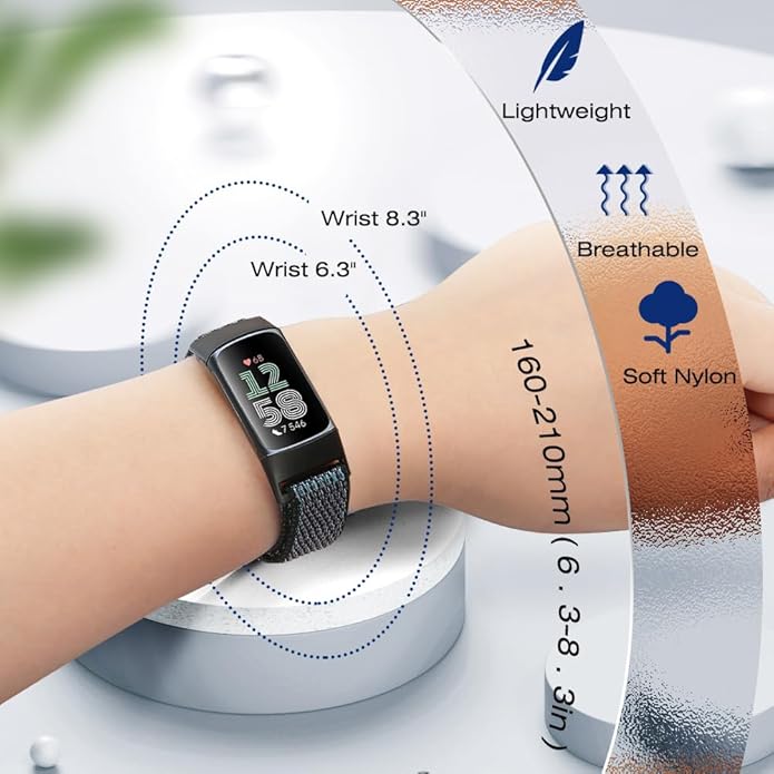 Sport Loop Nylon Watch Bands Compatible with Fitbit Charge 6/5, Adjustable Breathable Replacement Soft Nylon Loop Wristband for Women/Men