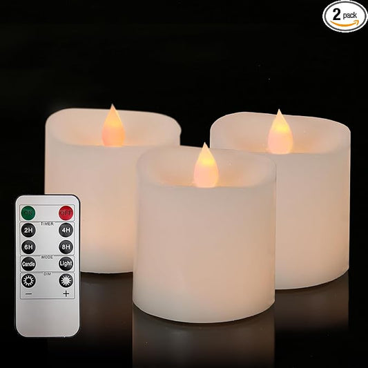 3x3 Flickering Flameless Candles Set of 3,3 inch Real Wax LED 600 Hours Battery Candles with Timer Remote,Control for Wedding Party Indoor,Ivory