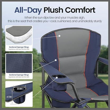 2 Pack Heavy Duty Oversized Camping Chair for Adults 400lbs w/Lumbar Support - Folding Chairs with Side Pocket, Cup Holder & Cooler Bag for Beach, Fishing, Lawn, Backyard Navy Blue