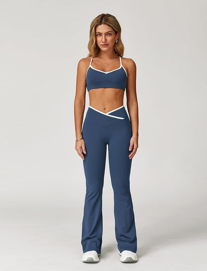 ABOCIW Workout Sets for Women 2 Piece Color Block Strappy Sports Bra High Waist Leggings Gym Yoga Pilates Outfits